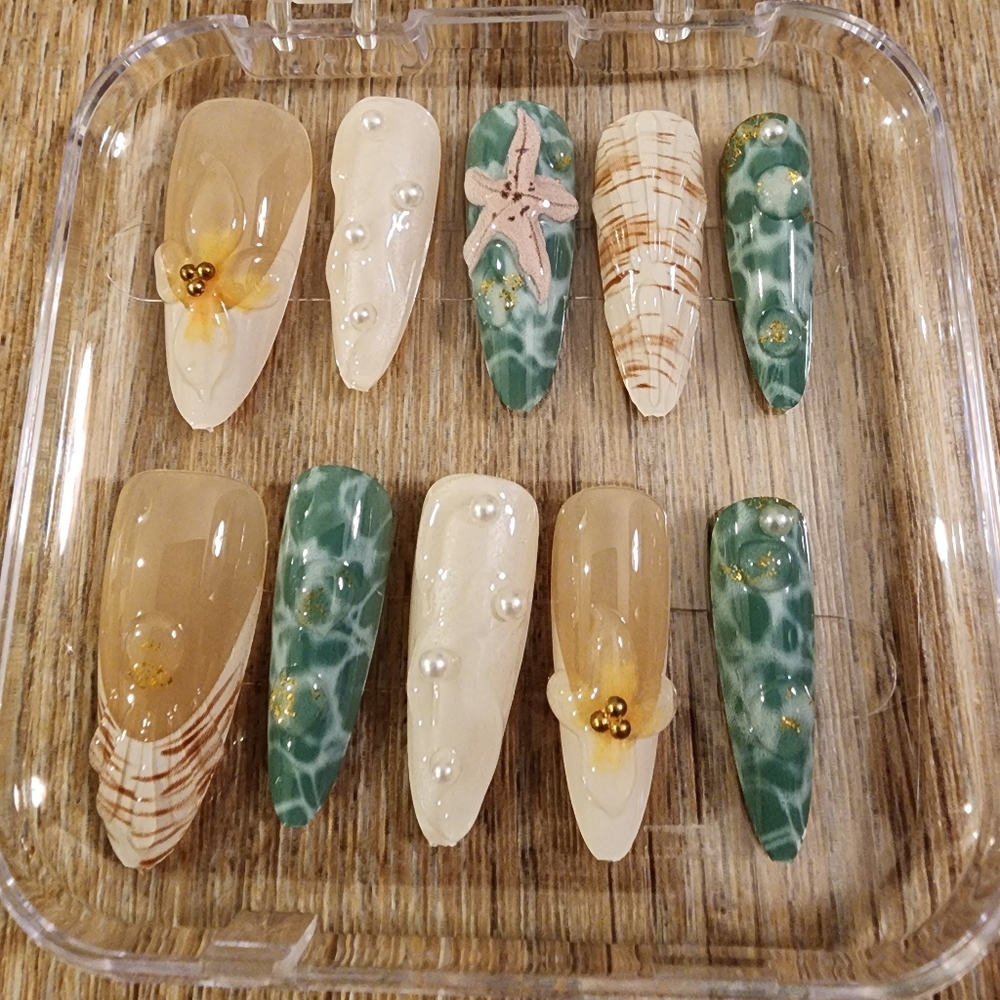 Beach-Themed with Starfish and Pearls Almond Stiletto Press On Nails - Medium